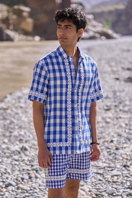 Buy_Dash And Dot_Blue Cotton Embroidery Madras Shorts Set _Online_at_Aza_Fashions