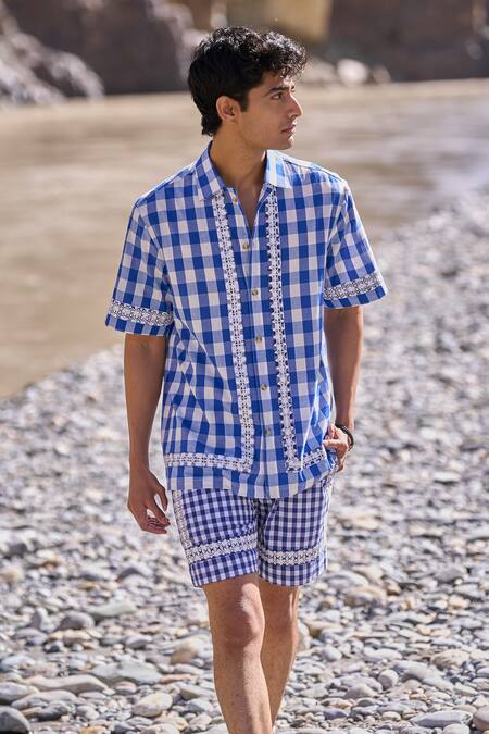 Dash And Dot Blue Cotton Embroidery Madras Shorts Online at Aza Fashions Dash And Dot_Blue Cotton Embroidery Madras Shorts _Online_at_Aza_Fashions