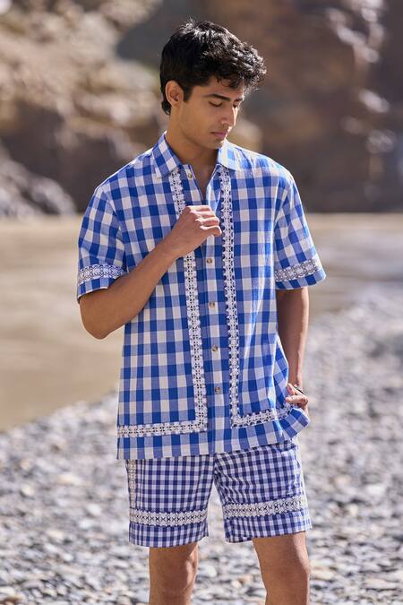 Buy Dash And Dot Blue Cotton Embroidery Madras Shorts Online at Aza Fashions Buy_Dash And Dot_Blue Cotton Embroidery Madras Shorts _Online_at_Aza_Fashions