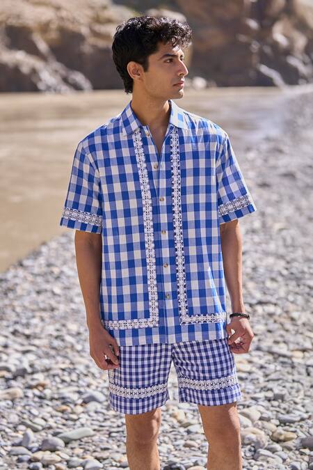 Shop Dash And Dot Blue Cotton Embroidery Madras Shorts Online at Aza Fashions Shop_Dash And Dot_Blue Cotton Embroidery Madras Shorts _Online_at_Aza_Fashions