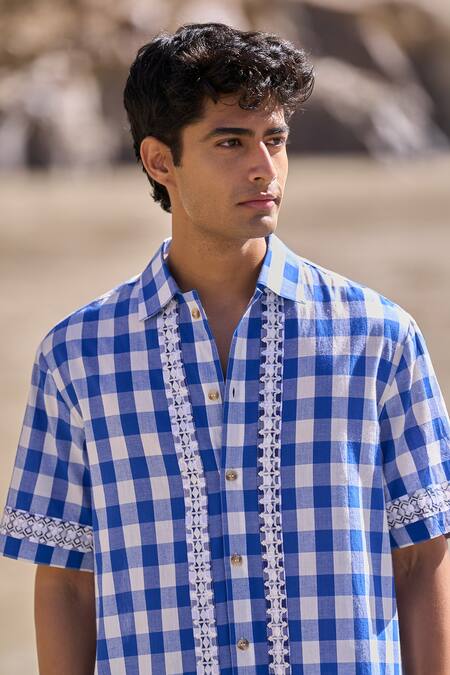 Buy Dash And Dot Blue Cotton Embroidery Madras Shorts Buy_Dash And Dot_Blue Cotton Embroidery Madras Shorts