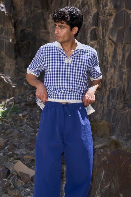 Dash And Dot_Blue Cotton Reversible Madras Check Polo _Online_at_Aza_Fashions