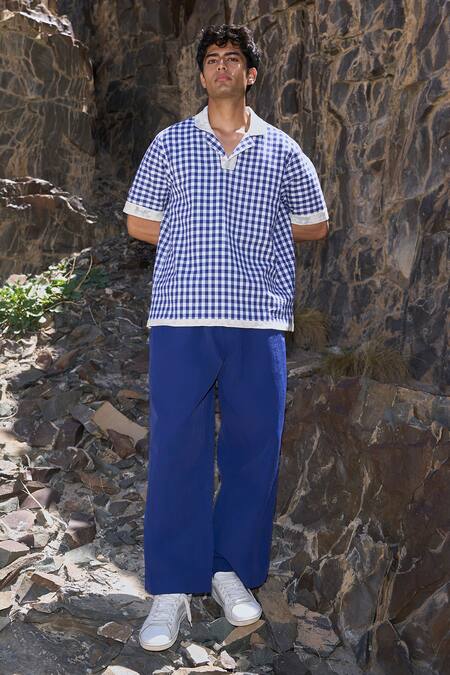 Buy_Dash And Dot_Blue Cotton Reversible Madras Check Polo _Online_at_Aza_Fashions