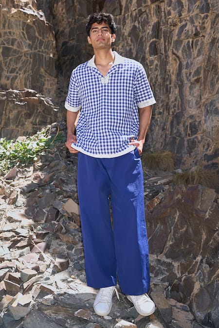 Dash And Dot Blue Cotton Reversible Madras Check Polo 