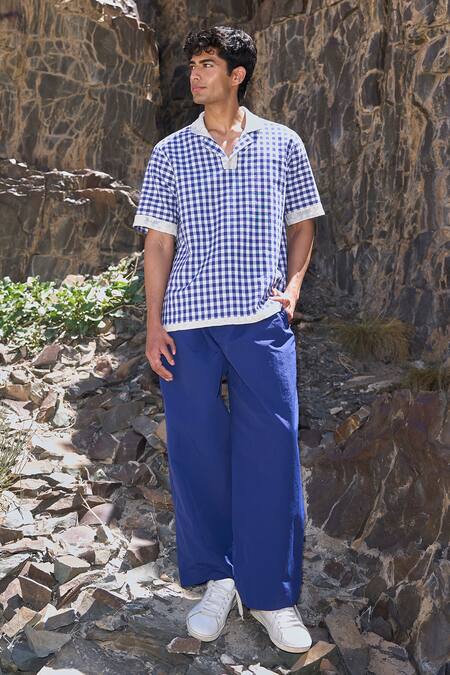 Dash And Dot_Blue Cotton Reversible Madras Check Polo _at_Aza_Fashions