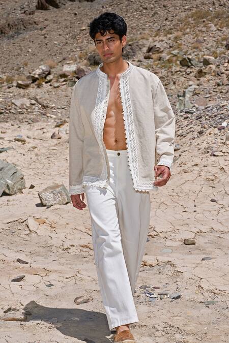 Dash And Dot_Beige Cotton, Linen Lace Shirt _Online_at_Aza_Fashions