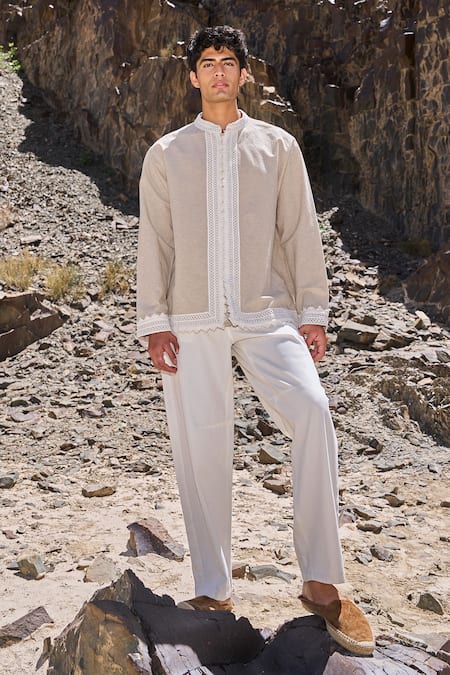 Shop_Dash And Dot_Beige Cotton, Linen Lace Shirt _Online_at_Aza_Fashions