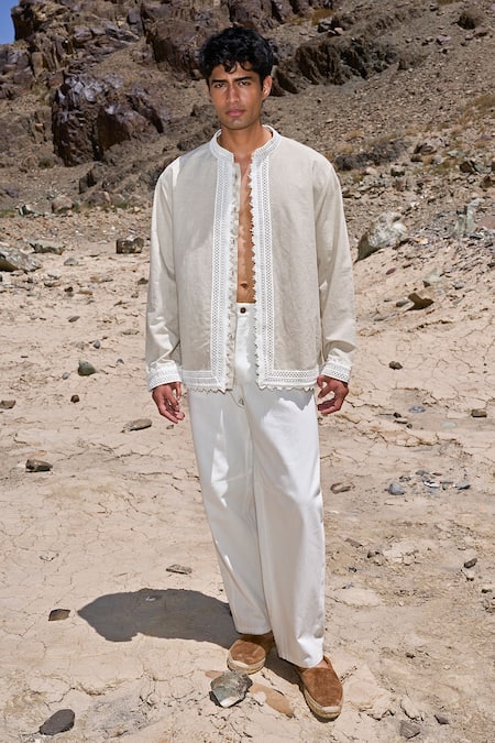 Dash And Dot_Beige Cotton, Linen Lace Shirt _at_Aza_Fashions