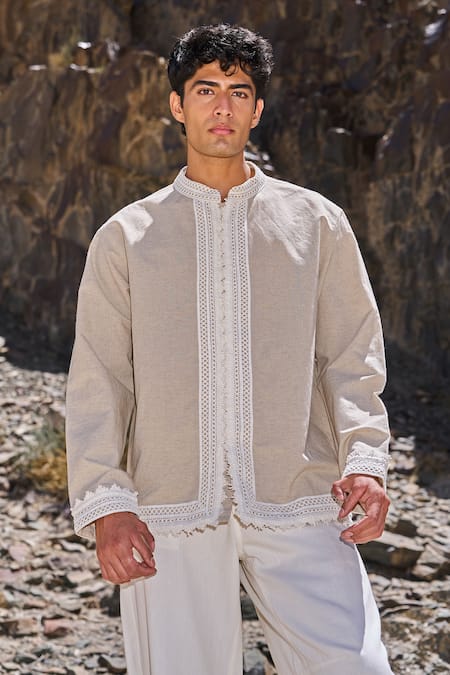 Dash And Dot Beige Cotton, Linen Lace Shirt