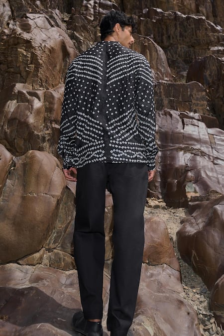 Shop Dash And Dot Black Viscose Embroidery Bandhani Print Shirt at Aza Fashions Shop_Dash And Dot_Black Viscose Embroidery Bandhani Print Shirt _at_Aza_Fashions