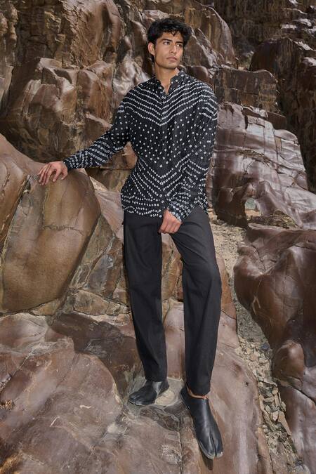 Shop Dash And Dot Black Viscose Embroidery Bandhani Print Shirt Online at Aza Fashions Shop_Dash And Dot_Black Viscose Embroidery Bandhani Print Shirt _Online_at_Aza_Fashions