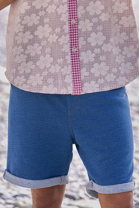 Dash And Dot Blue Cotton Indigo Denim Knit Shorts Online at Aza Fashions Dash And Dot_Blue Cotton Indigo Denim Knit Shorts _Online_at_Aza_Fashions