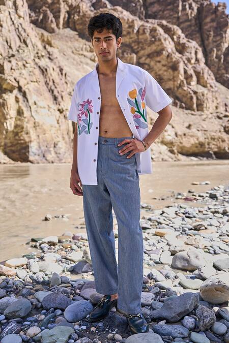 Dash And Dot_White Cotton Embroidery Patchwork Notch Collar Shirt _Online_at_Aza_Fashions