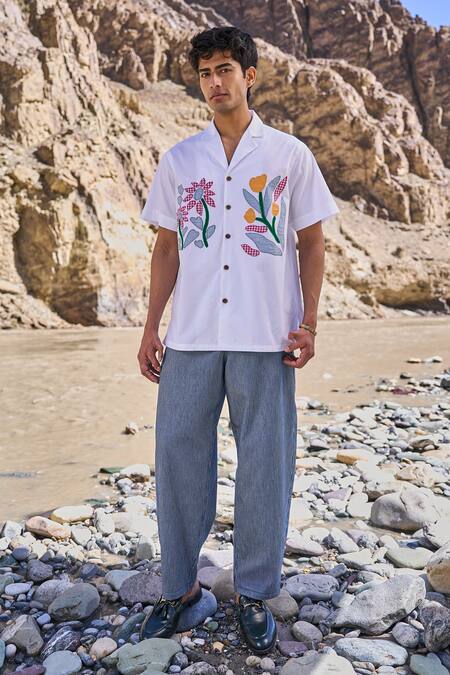 Shop_Dash And Dot_White Cotton Embroidery Patchwork Notch Collar Shirt _Online_at_Aza_Fashions
