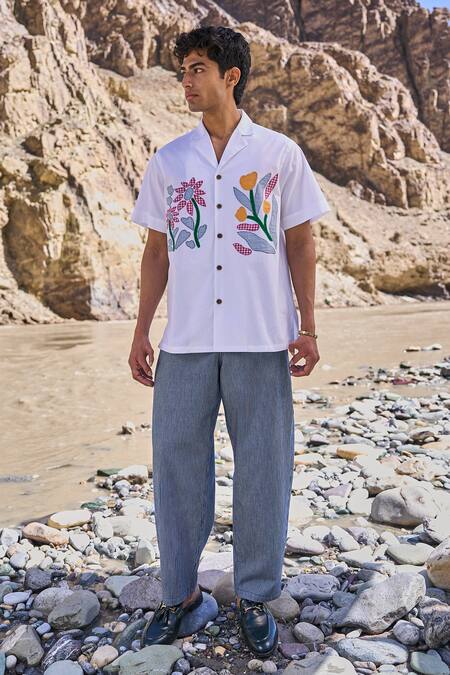 Dash And Dot_White Cotton Embroidery Patchwork Notch Collar Shirt _at_Aza_Fashions