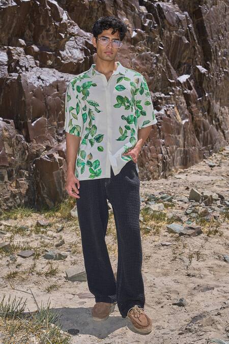 Buy_Dash And Dot_Multi Color Viscose, Linen Leaf Print Short Sleeve Shirt _Online_at_Aza_Fashions