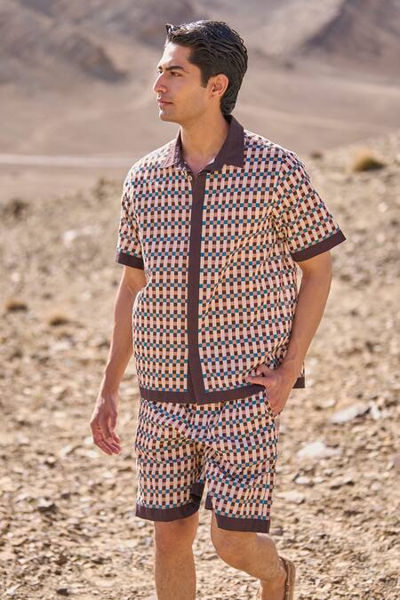Dash And Dot_Brown Cotton Geo Print Poplin Shirt And Shorts Set _Online_at_Aza_Fashions