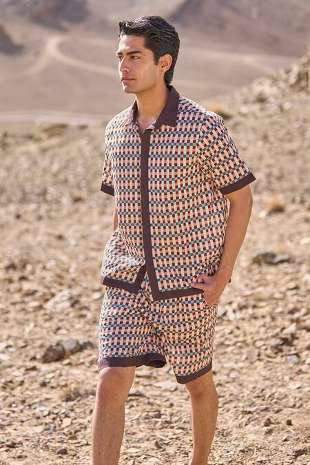 Buy_Dash And Dot_Brown Cotton Geo Print Poplin Shirt And Shorts Set _Online_at_Aza_Fashions
