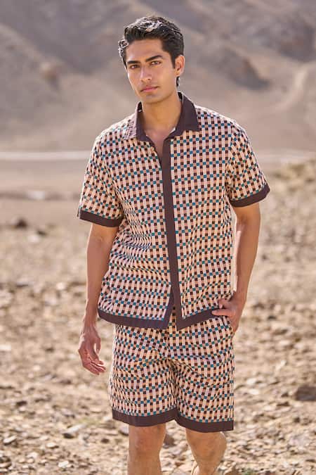 Dash And Dot_Brown Cotton Geo Print Poplin Shirt And Shorts Set _at_Aza_Fashions