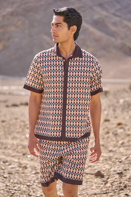 Dash And Dot Brown Cotton Geo Print Poplin Shirt And Shorts Set 