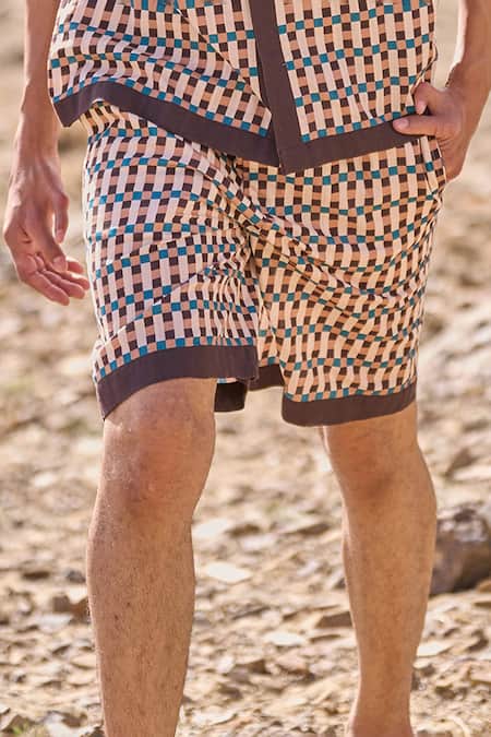 Buy_Dash And Dot_Brown Cotton Geo Print Poplin Shorts Set _Online_at_Aza_Fashions