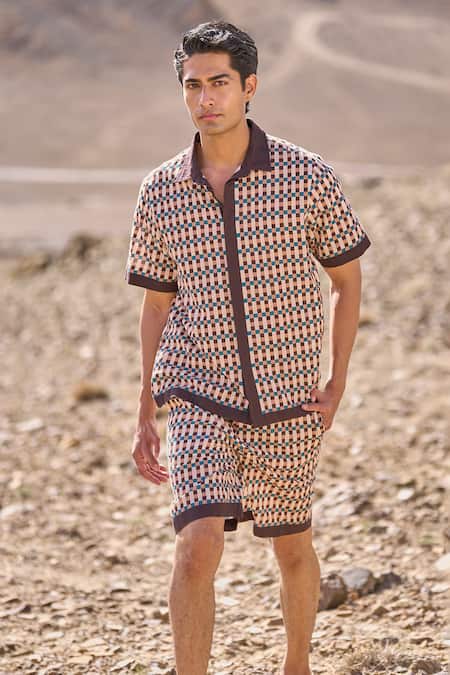 Dash And Dot Brown Cotton Geo Print Poplin Shorts Set 