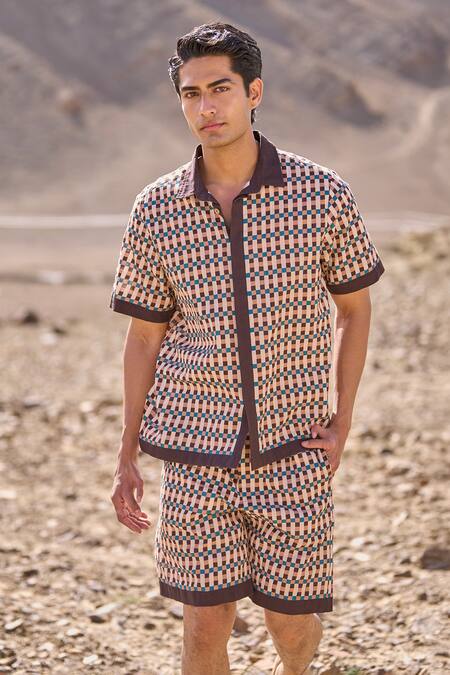 Buy_Dash And Dot_Brown Cotton Geo Print Poplin Shorts Set 