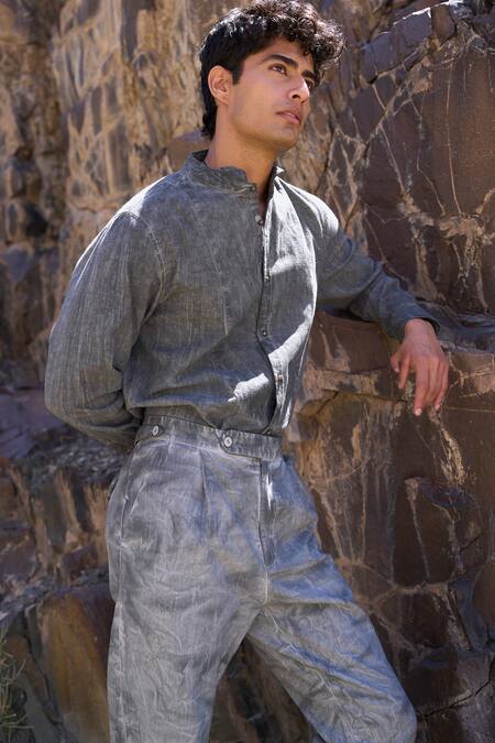 Dash And Dot_Gray Viscose, Linen Washed Shirt _Online_at_Aza_Fashions