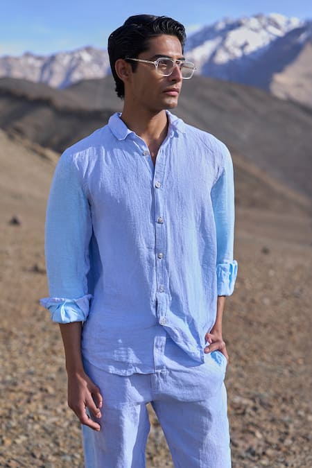 Dash And Dot Blue Linen Colour Block Shirt 