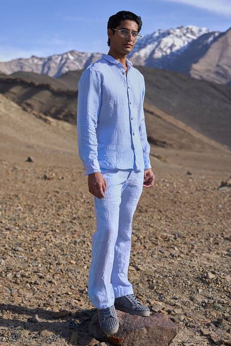 Buy_Dash And Dot_Blue Linen Colour Block Pant Set _Online_at_Aza_Fashions