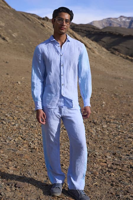 Dash And Dot Blue Linen Colour Block Pant Set 