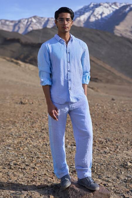 Dash And Dot_Blue Linen Colour Block Pant Set _at_Aza_Fashions