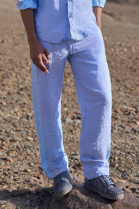 Dash And Dot Blue Linen Colour Block Pant Online at Aza Fashions Dash And Dot_Blue Linen Colour Block Pant _Online_at_Aza_Fashions