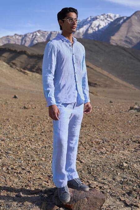 Shop Dash And Dot Blue Linen Colour Block Pant Online at Aza Fashions Shop_Dash And Dot_Blue Linen Colour Block Pant _Online_at_Aza_Fashions