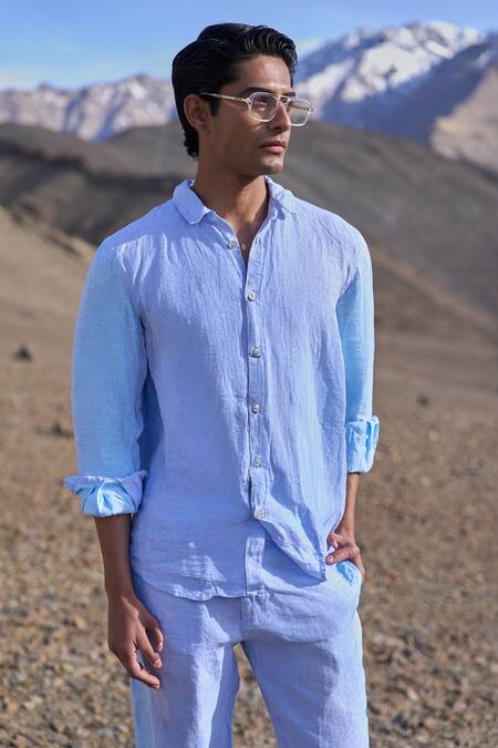 Dash And Dot Blue Linen Colour Block Pant at Aza Fashions Dash And Dot_Blue Linen Colour Block Pant _at_Aza_Fashions