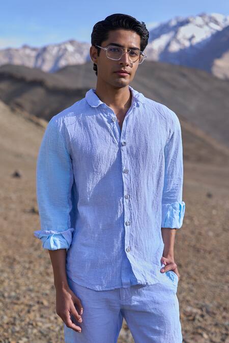 Buy Dash And Dot Blue Linen Colour Block Pant Buy_Dash And Dot_Blue Linen Colour Block Pant