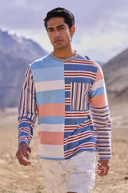 Dash And Dot Multi Color Cotton Stripe Blocked Tee Online at Aza Fashions Dash And Dot_Multi Color Cotton Stripe Blocked Tee _Online_at_Aza_Fashions