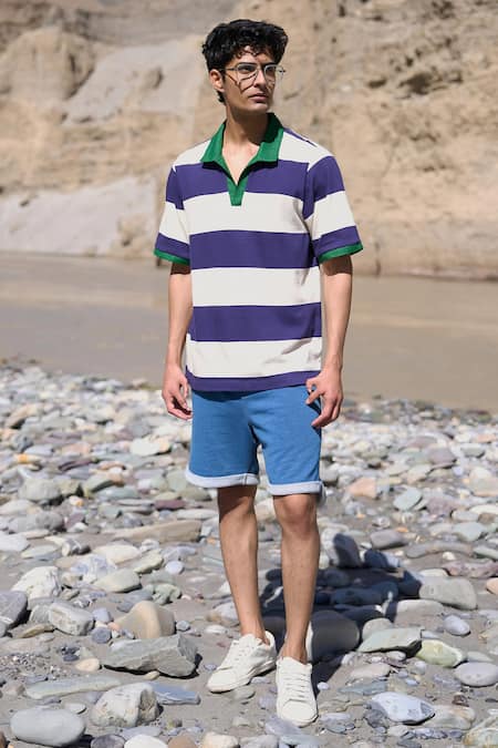 Shop Dash And Dot Blue Cotton Striped Polo Tshirt Online at Aza Fashions Shop_Dash And Dot_Blue Cotton Striped Polo Tshirt _Online_at_Aza_Fashions