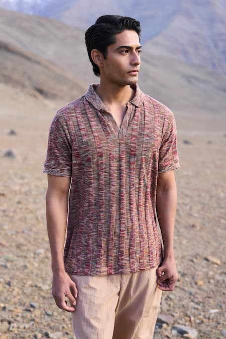 Dash And Dot Brown Polyester Jacquard Rib Polo Tshirt