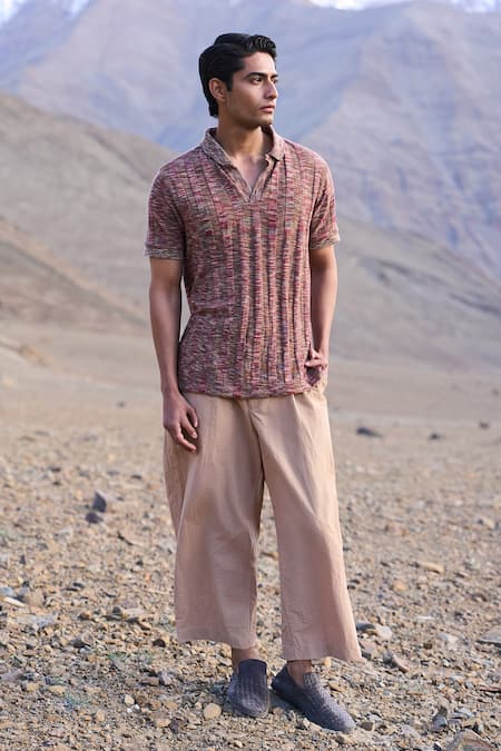 Dash And Dot_Brown Polyester Jacquard Rib Polo Tshirt _at_Aza_Fashions