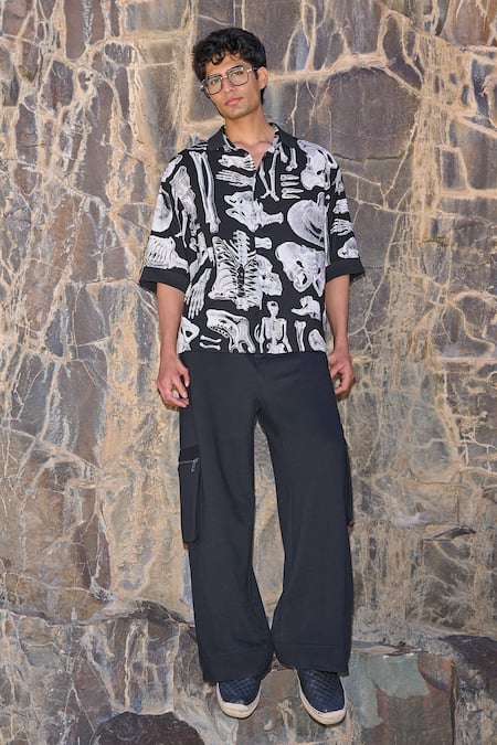 Shop Dash And Dot Black Rayon Bones Print Shirt Online at Aza Fashions Shop_Dash And Dot_Black Rayon Bones Print Shirt _Online_at_Aza_Fashions