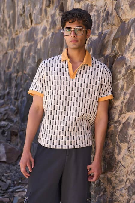 Dash And Dot Ivory Jacquard Polo Tshirt Online at Aza Fashions Dash And Dot_Ivory Jacquard Polo Tshirt _Online_at_Aza_Fashions