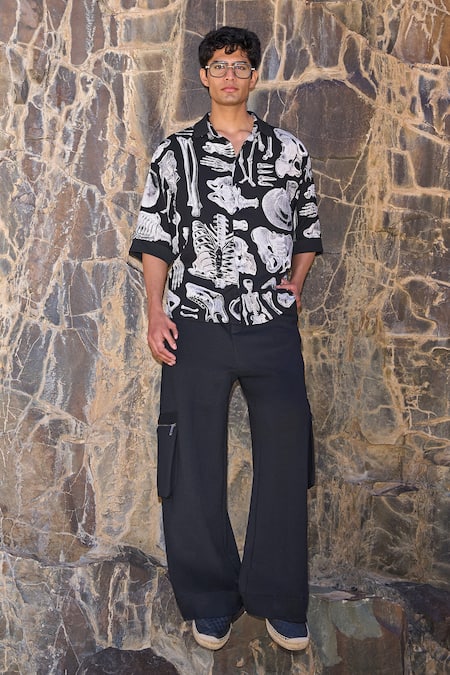 Dash And Dot Black Cotton Knitted Cargo Pant 