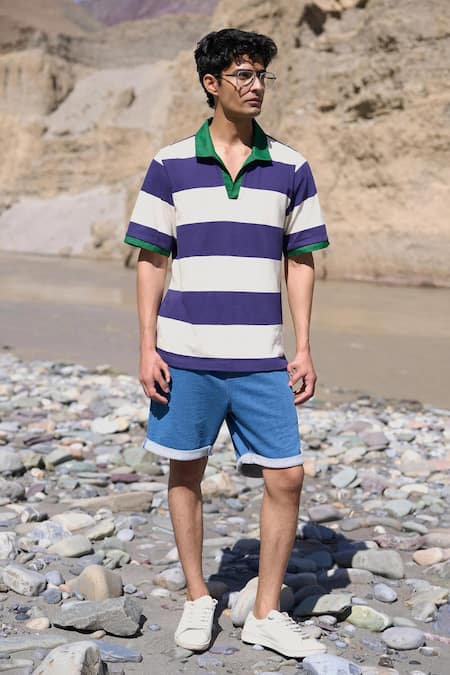 Dash And Dot Blue Cotton Indigo Organic Denim Knit Shorts 