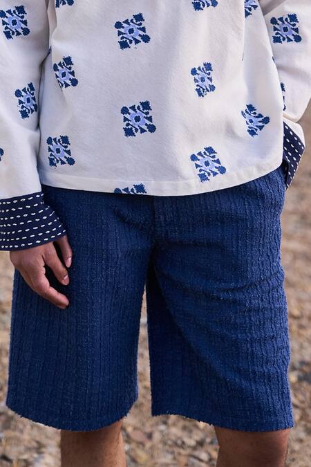 Dash And Dot_Blue Textured Knit Shorts _Online_at_Aza_Fashions