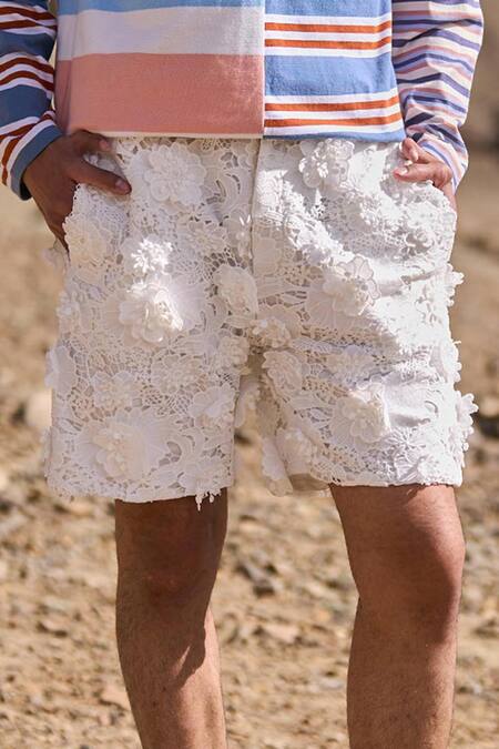 Dash And Dot_White Polyester 3d Lace Shorts _Online_at_Aza_Fashions