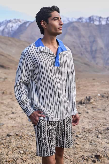 Dash And Dot_Black Polyester, Nylon Jacquard Stripe Lace Shorts _at_Aza_Fashions