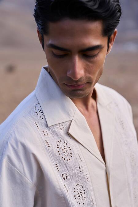 Shop_Dash And Dot_Cream Cotton Embroidery Schiffli Organic Shorts Set _Online_at_Aza_Fashions