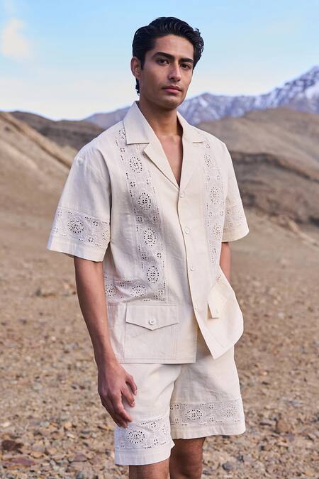 Shop_Dash And Dot_Cream Cotton Embroidery Schiffli Organic Shorts Set 