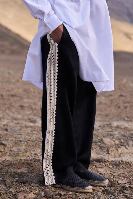 Dash And Dot Black Linen Crochet Stripe Pant Online at Aza Fashions Dash And Dot_Black Linen Crochet Stripe Pant _Online_at_Aza_Fashions